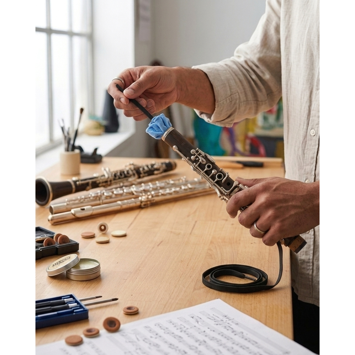 A close-up of a person's hands repairing a clarinet on a wooden workbench, with other musical instruments and repair tools visible in a bright workshop setting.