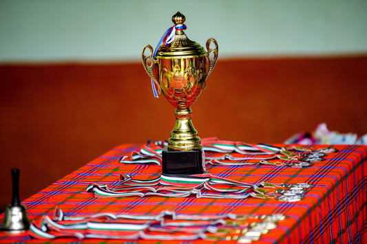 table with awards and trophy