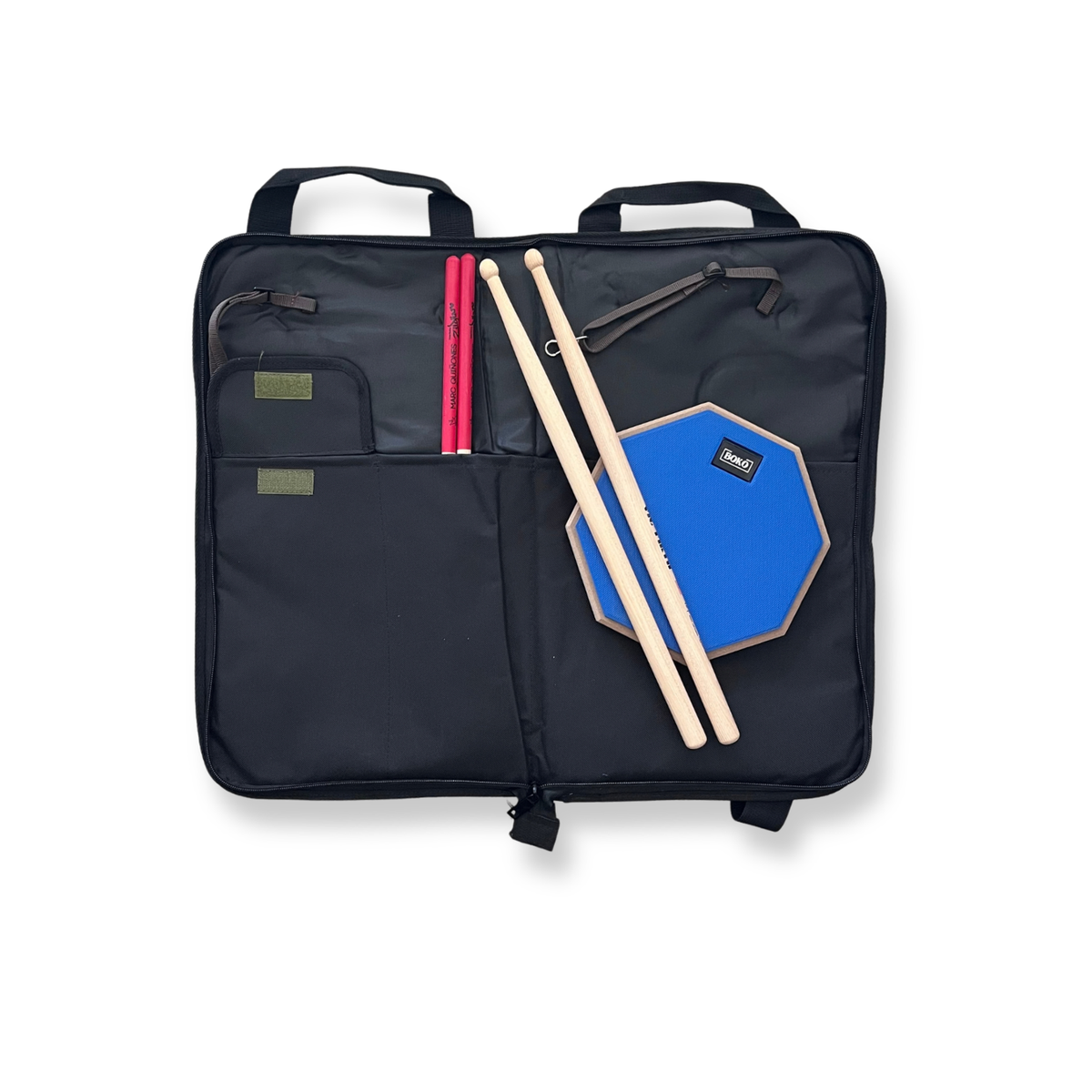Black drumstick bag holding a blue practice pad and drumsticks