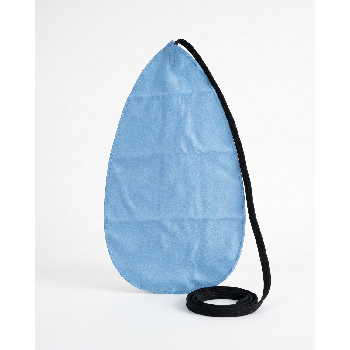 A light blue teardrop-shaped dust cover with a black strap, displayed on a clean white background.