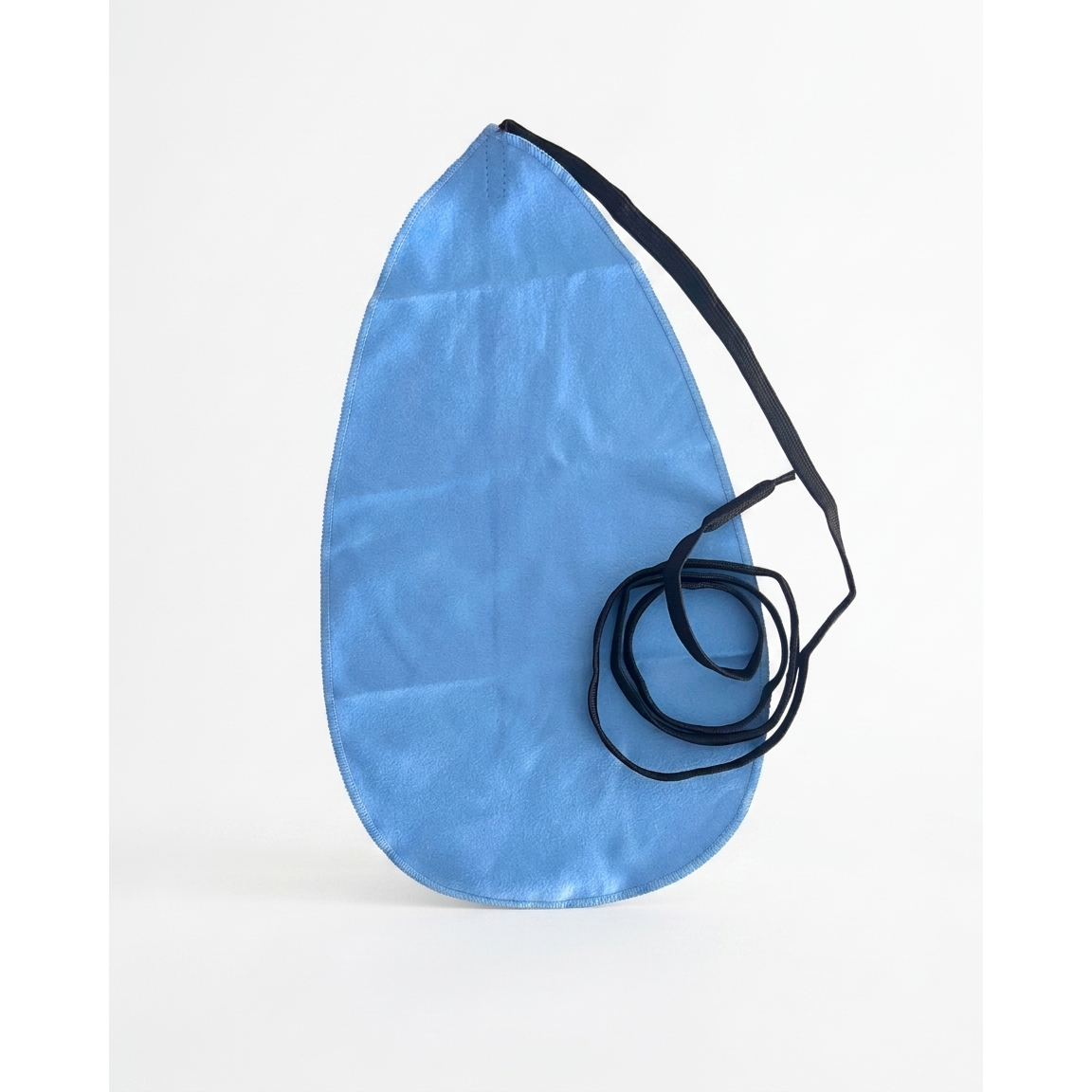 A light blue satin-like teardrop-shaped clutch bag with a black strap, photographed on a clean white background.