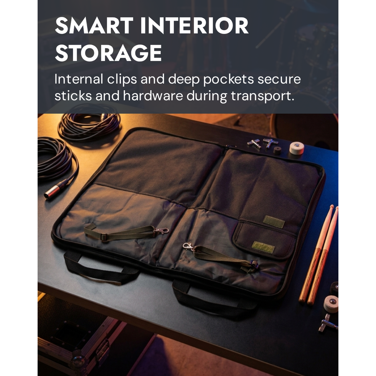 Smart Interior Storage – open drumstick bag showing pockets for sticks and mallets