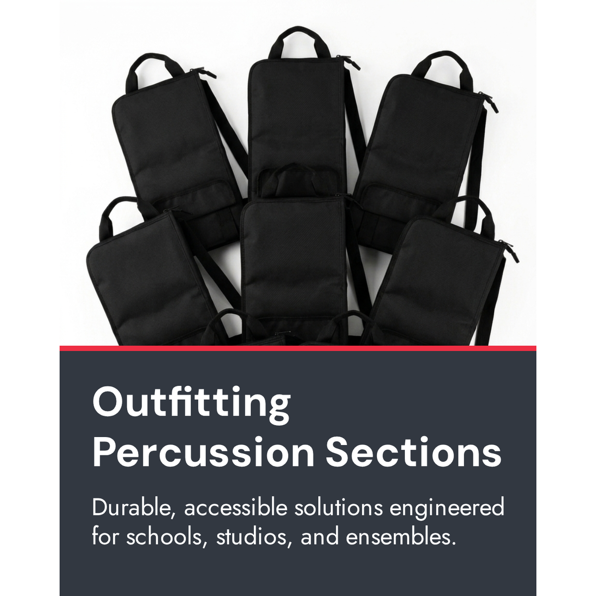 Outfitting Percussion Sections – pile of black drumstick bags for schools and drumlines