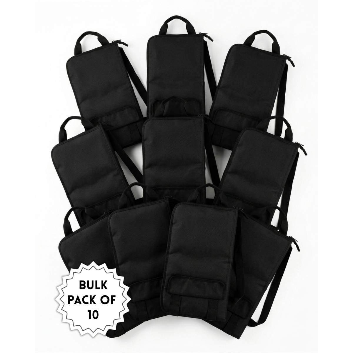 Pile of ten black drumstick bags with carry handles and shoulder straps – bulk pack of 10