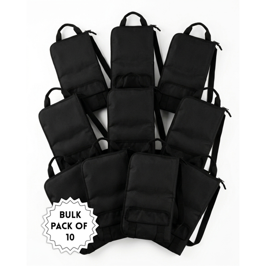 Pile of ten black drumstick bags with carry handles and shoulder straps – bulk pack of 10