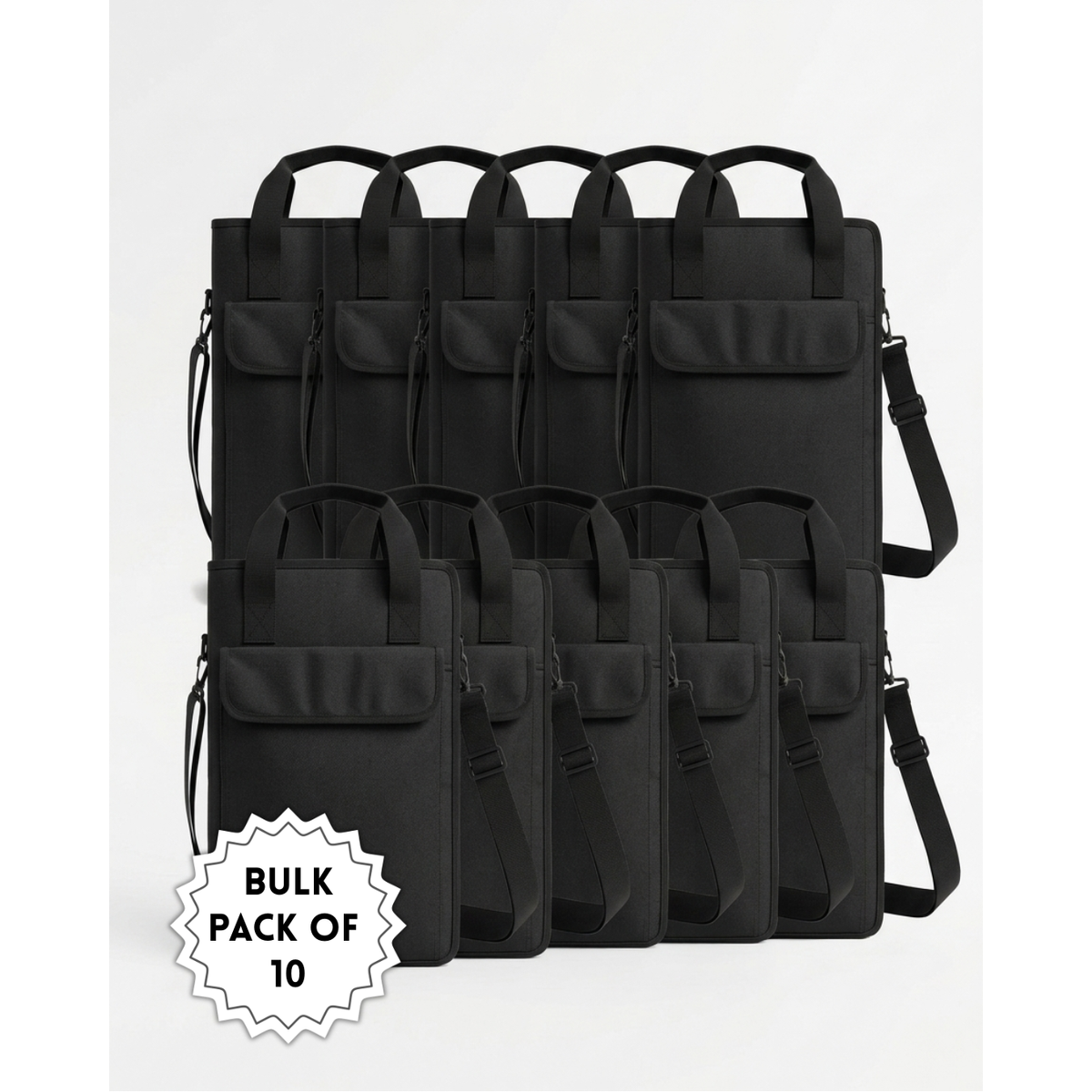 Ten black drumstick bags in two rows with carry handles, front flap pockets and shoulder straps – bulk pack of 10