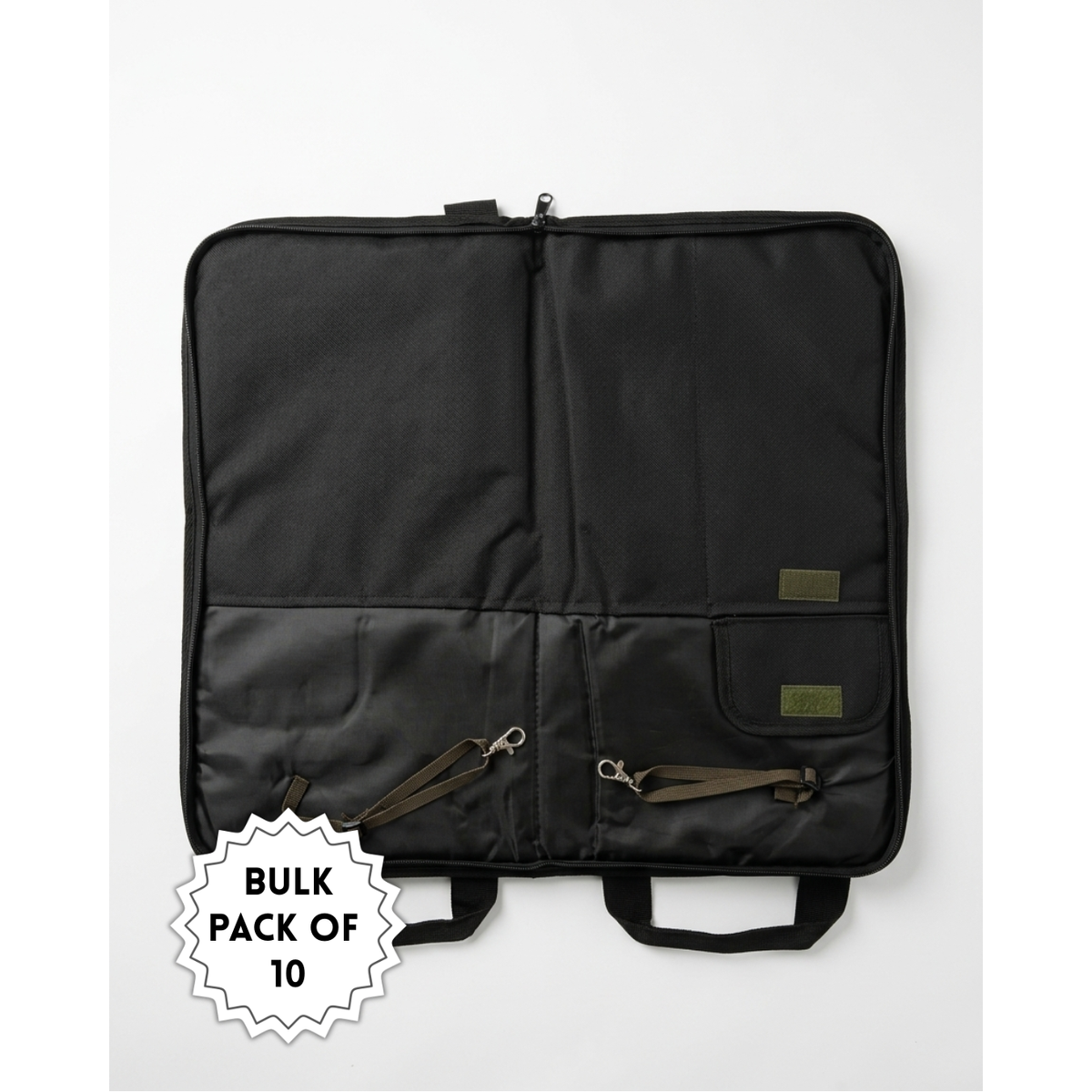 Drumstick bag unzipped and opened flat, showing interior stick pockets and two floor-tom clip straps