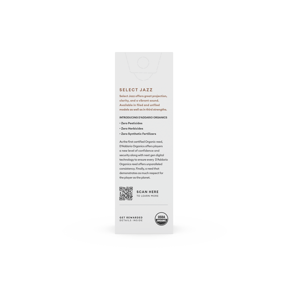 D'Addario  Organic Select Jazz Unfiled Baritone Saxophone Reeds - Individually Sealed, 5-Pack - Reeds For Less